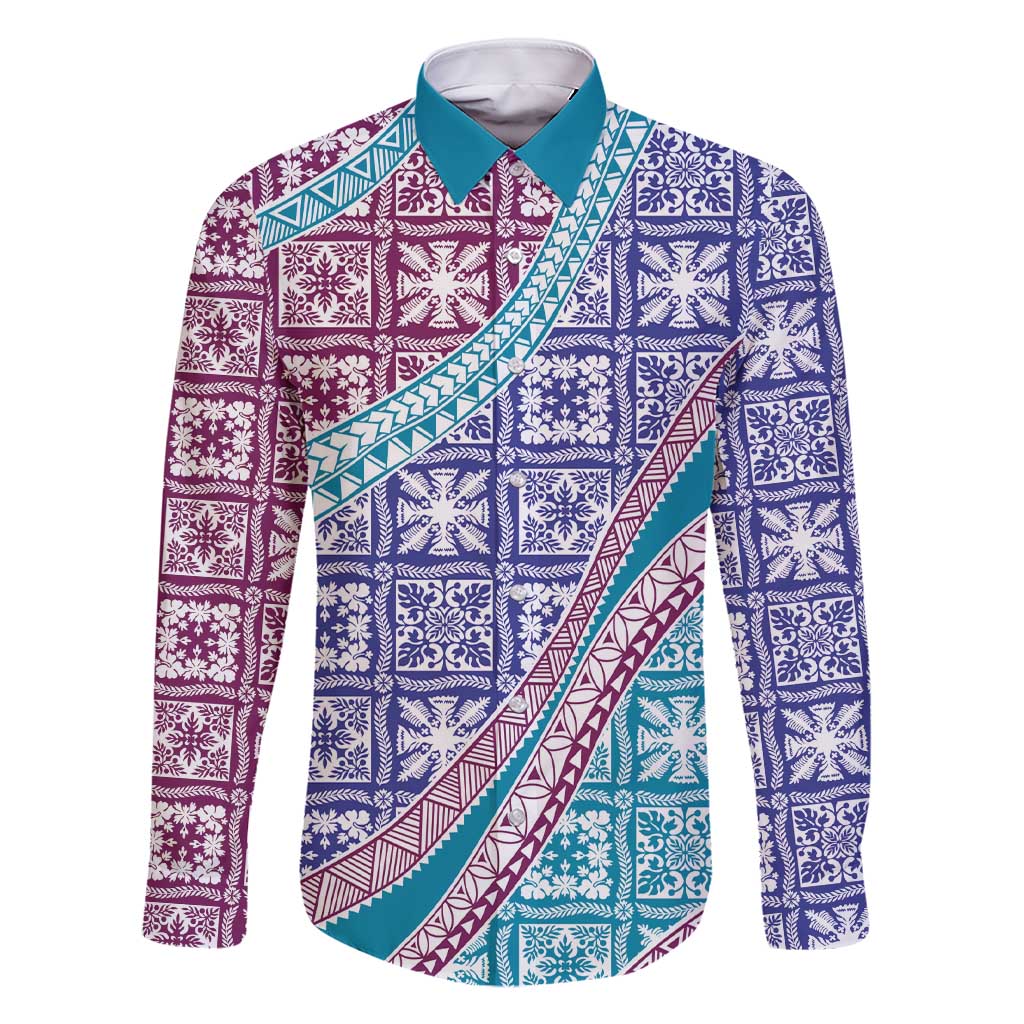 Hawaiian Quilt Pattern Family Matching Short Sleeve Bodycon Dress and Hawaiian Shirt Purple Blue Color Mixed LT01 Dad's Shirt - Long Sleeve Purple - Polynesian Pride