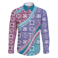 Hawaiian Quilt Pattern Family Matching Short Sleeve Bodycon Dress and Hawaiian Shirt Purple Blue Color Mixed LT01 Dad's Shirt - Long Sleeve Purple - Polynesian Pride