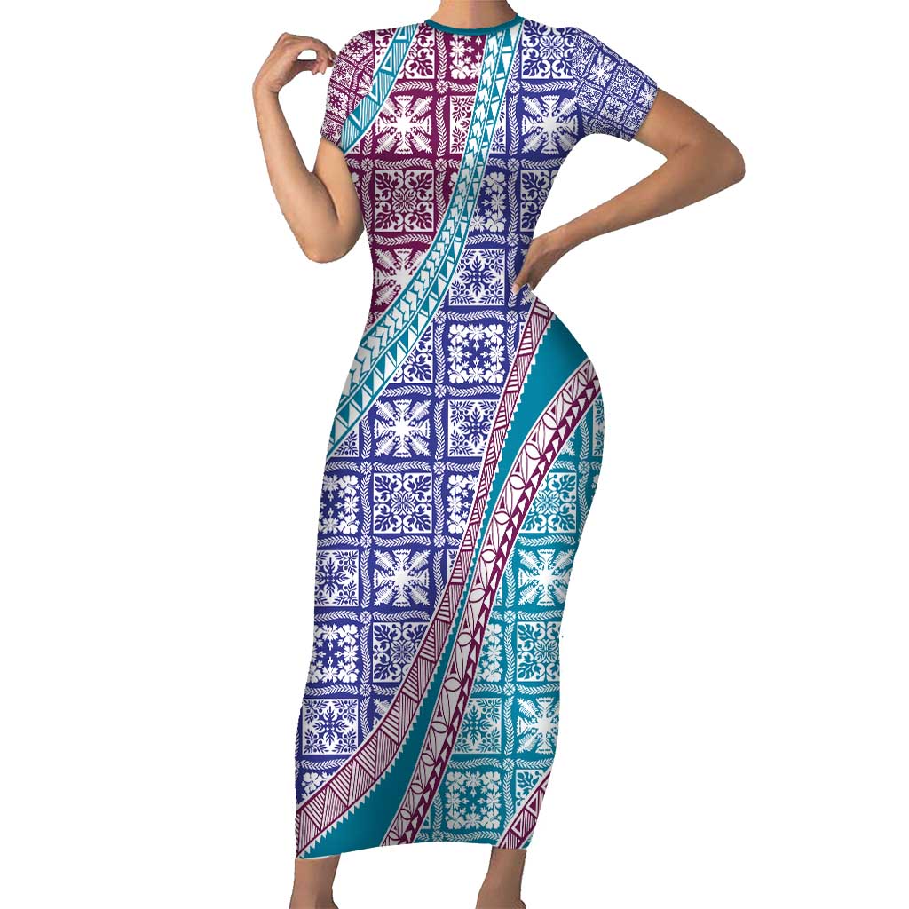 Hawaiian Quilt Pattern Family Matching Short Sleeve Bodycon Dress and Hawaiian Shirt Purple Blue Color Mixed LT01 Mom's Dress Purple - Polynesian Pride
