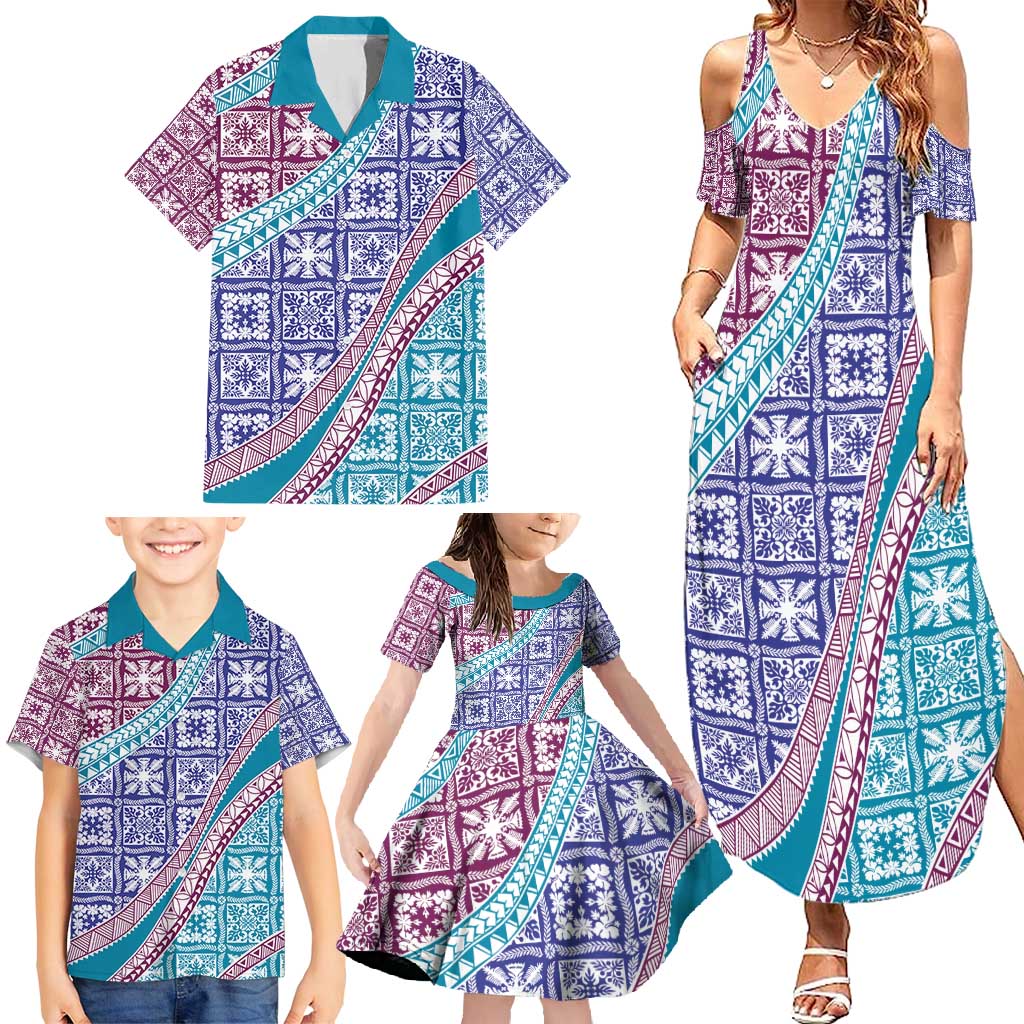 Hawaiian Quilt Pattern Family Matching Summer Maxi Dress and Hawaiian Shirt Purple Blue Color Mixed LT01 - Polynesian Pride