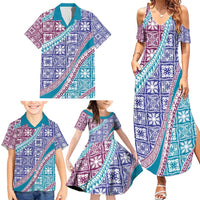 Hawaiian Quilt Pattern Family Matching Summer Maxi Dress and Hawaiian Shirt Purple Blue Color Mixed LT01 - Polynesian Pride
