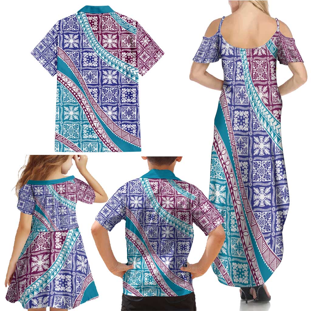 Hawaiian Quilt Pattern Family Matching Summer Maxi Dress and Hawaiian Shirt Purple Blue Color Mixed LT01 - Polynesian Pride