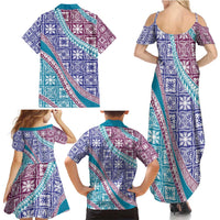 Hawaiian Quilt Pattern Family Matching Summer Maxi Dress and Hawaiian Shirt Purple Blue Color Mixed LT01 - Polynesian Pride