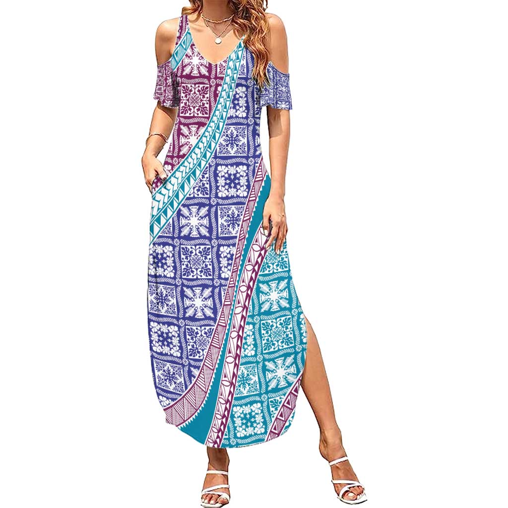 Hawaiian Quilt Pattern Family Matching Summer Maxi Dress and Hawaiian Shirt Purple Blue Color Mixed LT01 Mom's Dress Purple - Polynesian Pride