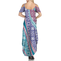 Hawaiian Quilt Pattern Family Matching Summer Maxi Dress and Hawaiian Shirt Purple Blue Color Mixed LT01 - Polynesian Pride