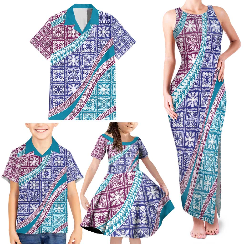 Hawaiian Quilt Pattern Family Matching Tank Maxi Dress and Hawaiian Shirt Purple Blue Color Mixed LT01 - Polynesian Pride