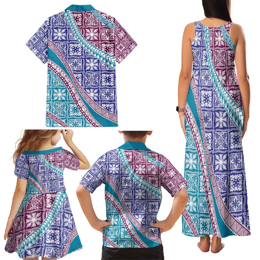 Hawaiian Quilt Pattern Family Matching Tank Maxi Dress and Hawaiian Shirt Purple Blue Color Mixed LT01 - Polynesian Pride