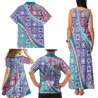 Hawaiian Quilt Pattern Family Matching Tank Maxi Dress and Hawaiian Shirt Purple Blue Color Mixed LT01 - Polynesian Pride