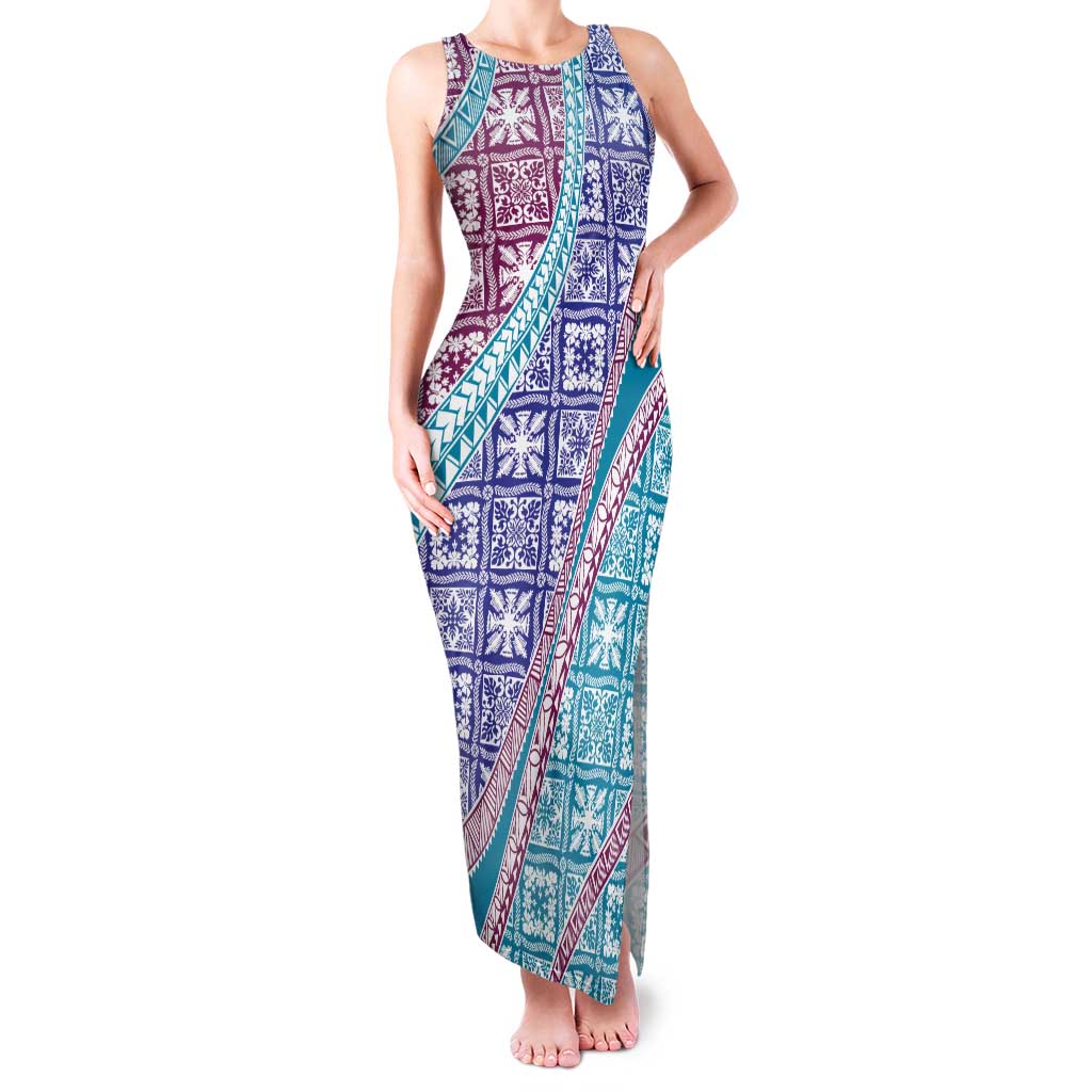 Hawaiian Quilt Pattern Family Matching Tank Maxi Dress and Hawaiian Shirt Purple Blue Color Mixed LT01 Mom's Dress Purple - Polynesian Pride