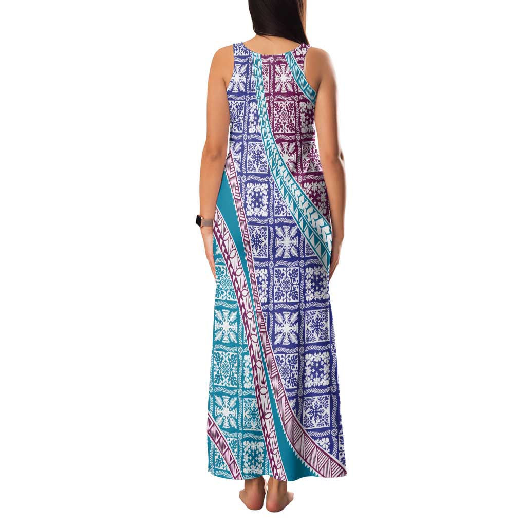 Hawaiian Quilt Pattern Family Matching Tank Maxi Dress and Hawaiian Shirt Purple Blue Color Mixed LT01 - Polynesian Pride