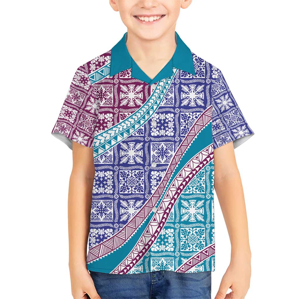 Hawaiian Quilt Pattern Family Matching Tank Maxi Dress and Hawaiian Shirt Purple Blue Color Mixed LT01 Son's Shirt Purple - Polynesian Pride