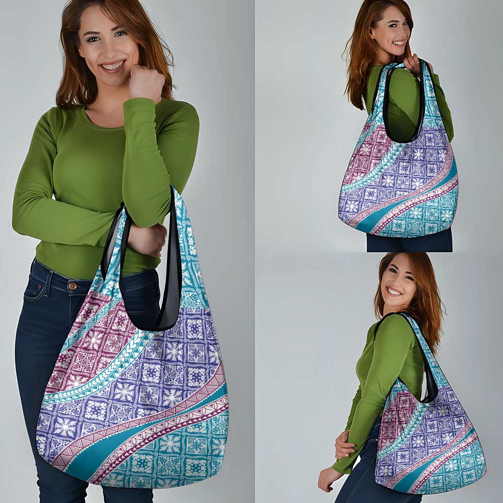 Hawaiian Quilt Pattern Grocery Bag Purple Blue Color Mixed - Polynesian Pride