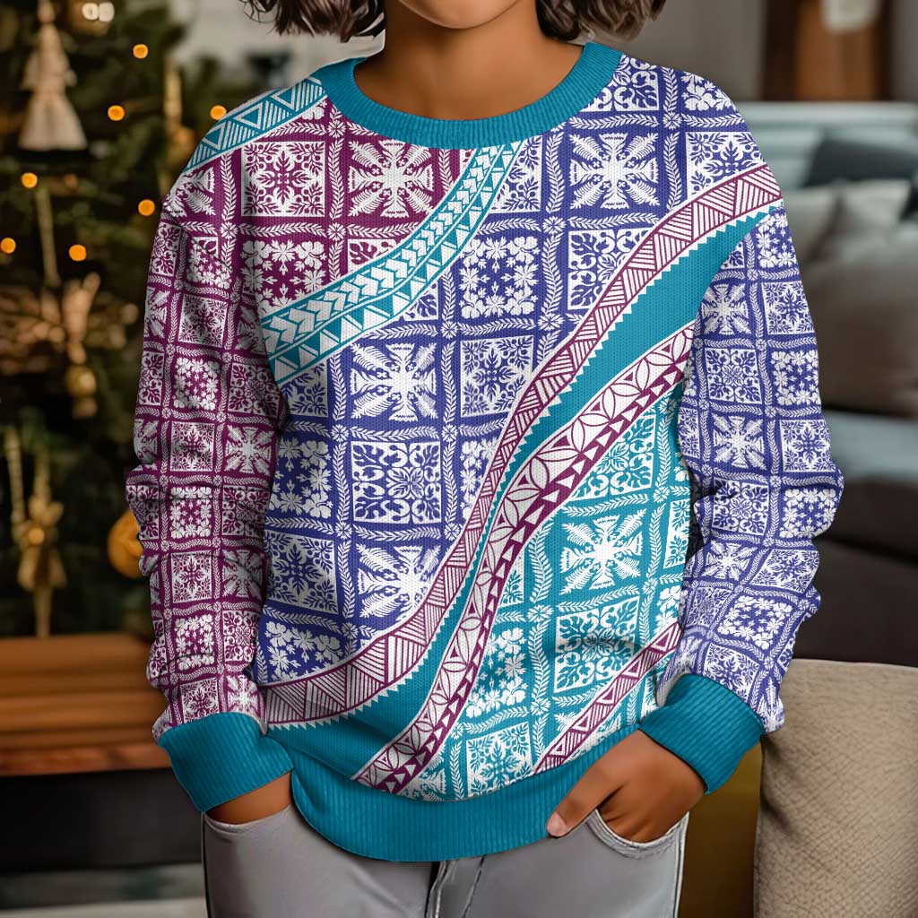 Hawaiian Quilt Pattern Kid Ugly Christmas Sweater Purple Blue Color Mixed LT01 - Polynesian Pride