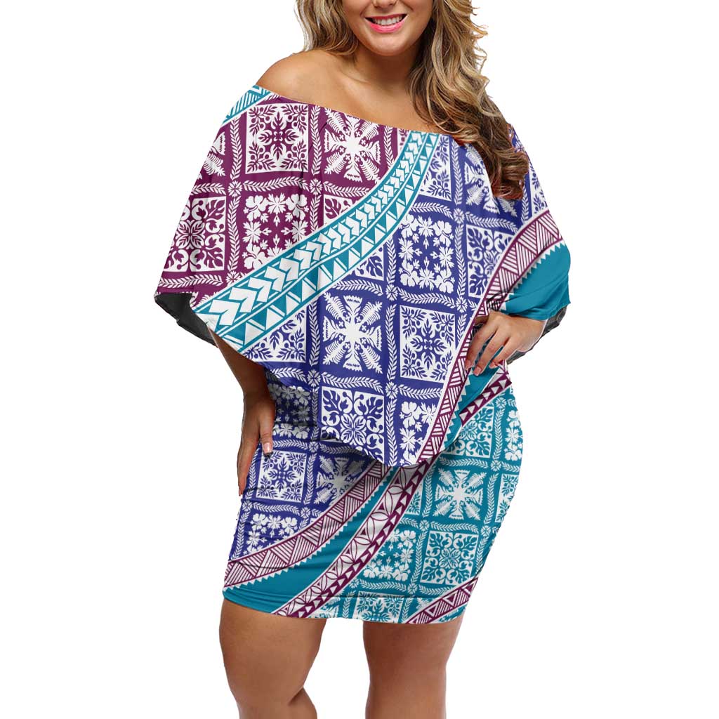 Hawaiian Quilt Pattern Off Shoulder Short Dress Purple Blue Color Mixed LT01 Women Purple - Polynesian Pride