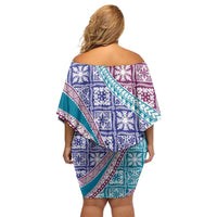 Hawaiian Quilt Pattern Off Shoulder Short Dress Purple Blue Color Mixed LT01 - Polynesian Pride