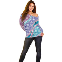 Hawaiian Quilt Pattern Off Shoulder Sweater Purple Blue Color Mixed - Polynesian Pride