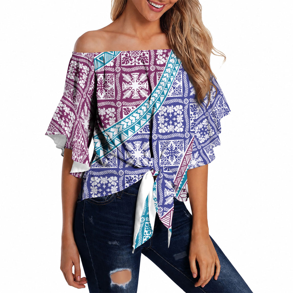 Hawaiian Quilt Pattern Off Shoulder Wrap Waist Top Purple Blue Color Mixed LT01 - Polynesian Pride