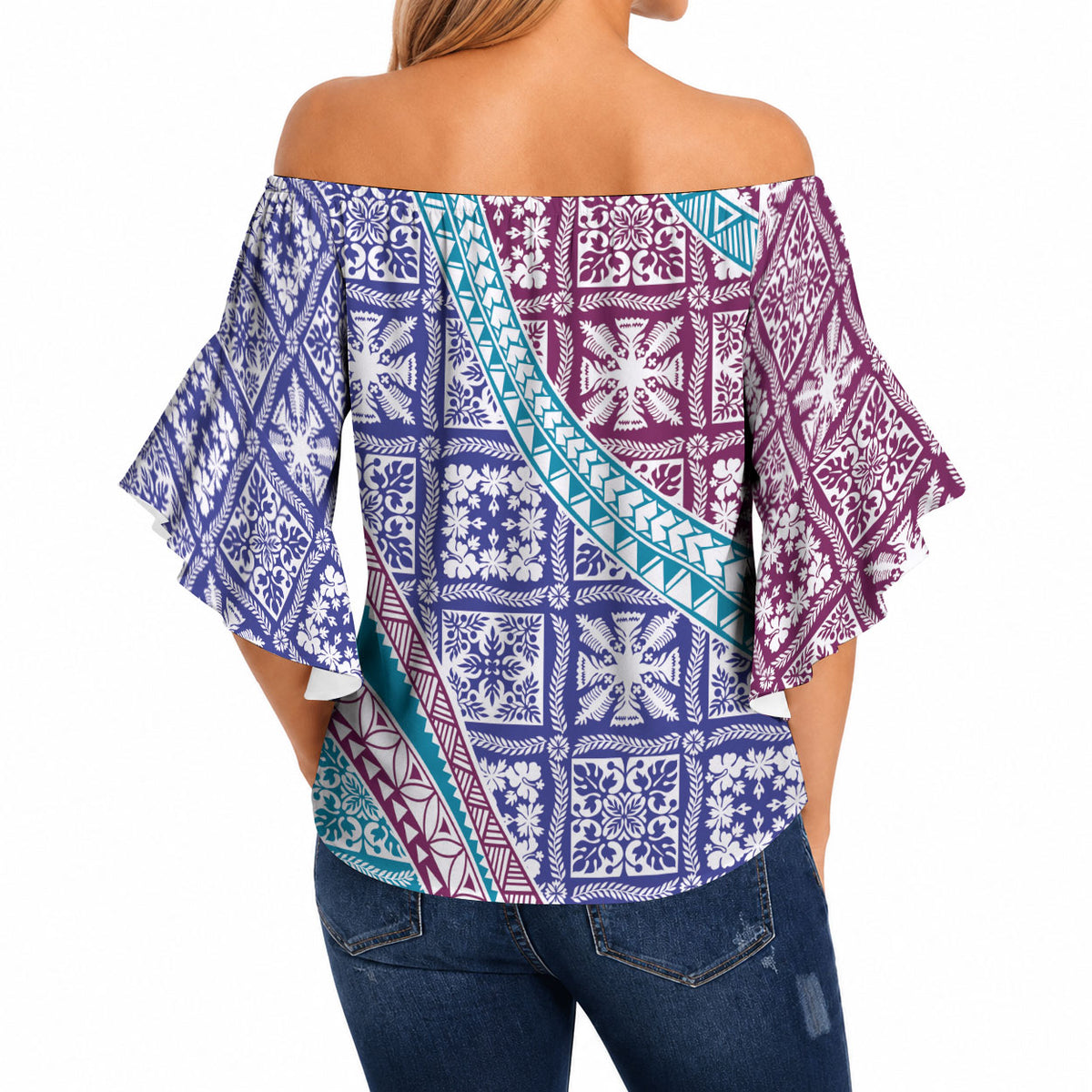 Hawaiian Quilt Pattern Off Shoulder Wrap Waist Top Purple Blue Color Mixed LT01 - Polynesian Pride