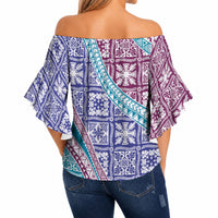 Hawaiian Quilt Pattern Off Shoulder Wrap Waist Top Purple Blue Color Mixed LT01 - Polynesian Pride