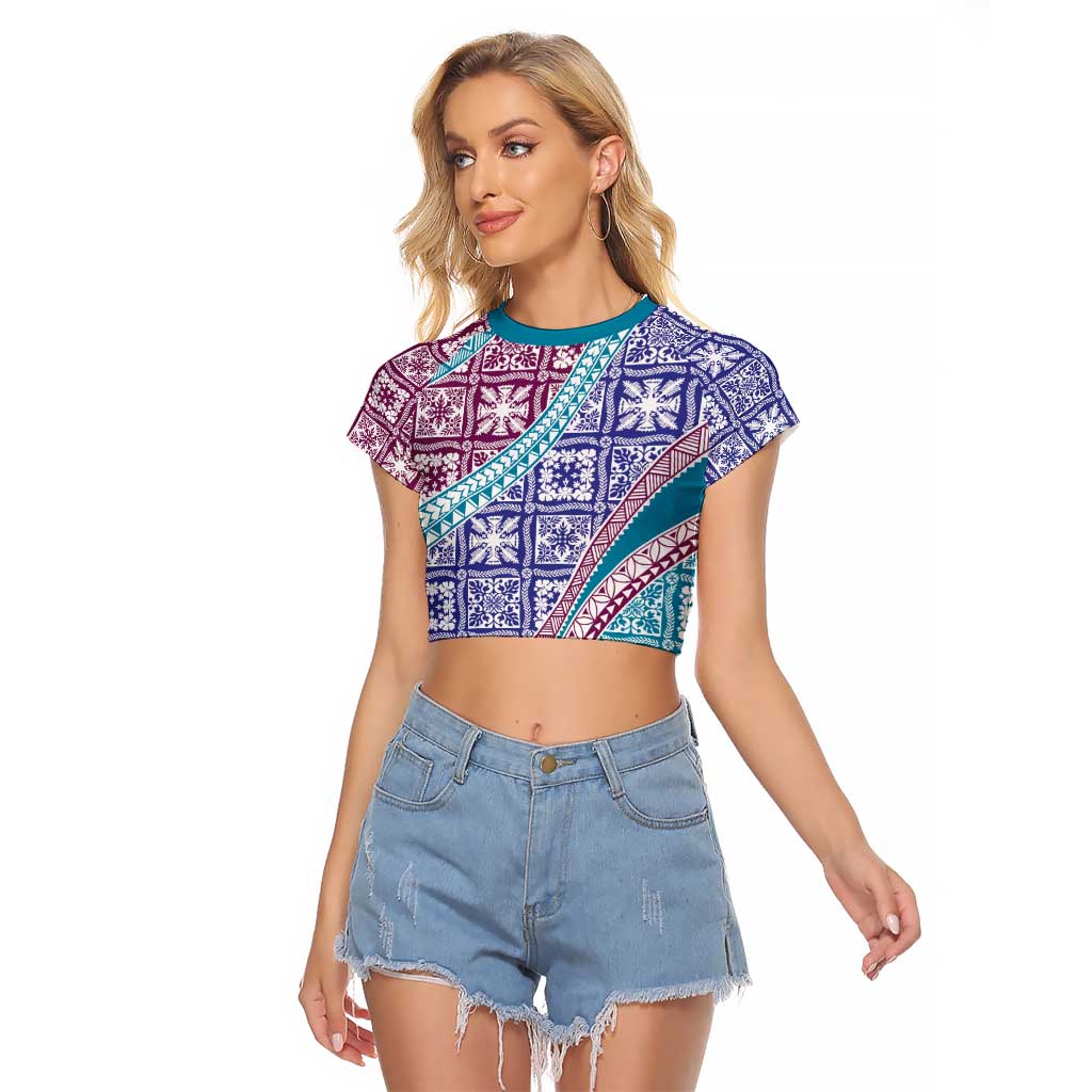 Hawaiian Quilt Pattern Raglan Cropped T Shirt Purple Blue Color Mixed LT01 Female Purple - Polynesian Pride