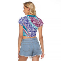 Hawaiian Quilt Pattern Raglan Cropped T Shirt Purple Blue Color Mixed LT01 - Polynesian Pride