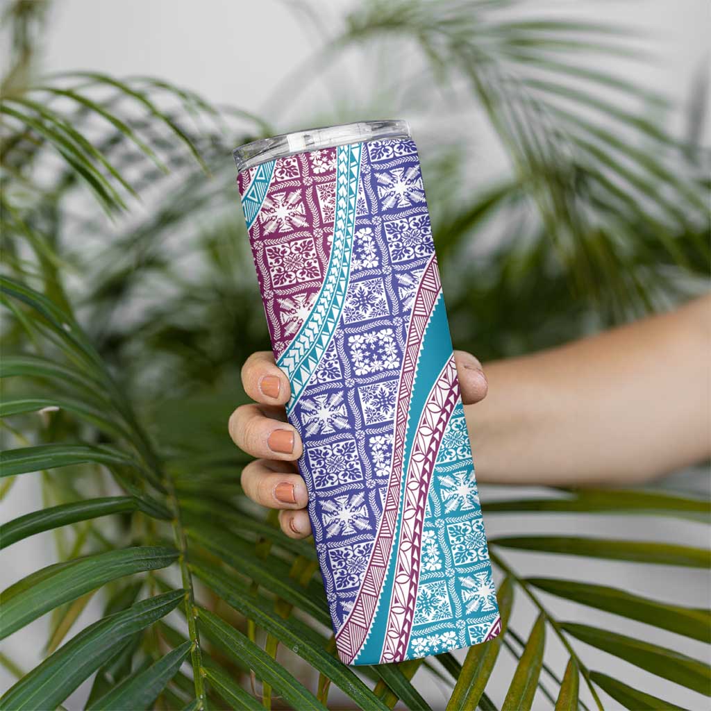 Hawaiian Quilt Pattern Skinny Tumbler Purple Blue Color Mixed - Polynesian Pride