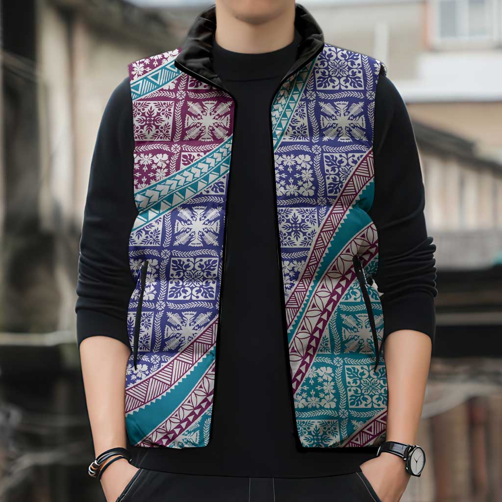 Hawaiian Quilt Pattern Sleeveless Puffer Jacket Purple Blue Color Mixed - Polynesian Pride