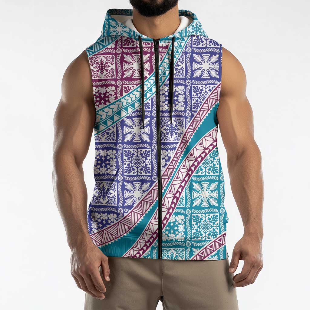 Hawaiian Quilt Pattern Sleeveless Zip Hoodie Purple Blue Color Mixed - Polynesian Pride