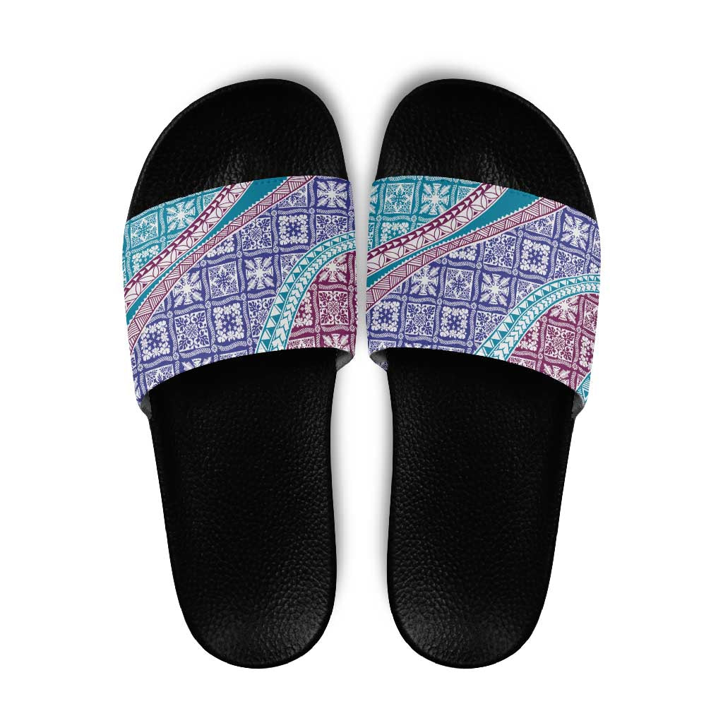 Hawaiian Quilt Pattern Slide Sandals Purple Blue Color Mixed - Polynesian Pride