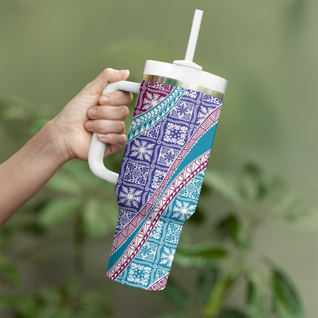 Hawaiian Quilt Pattern Tumbler With Handle Purple Blue Color Mixed - Polynesian Pride