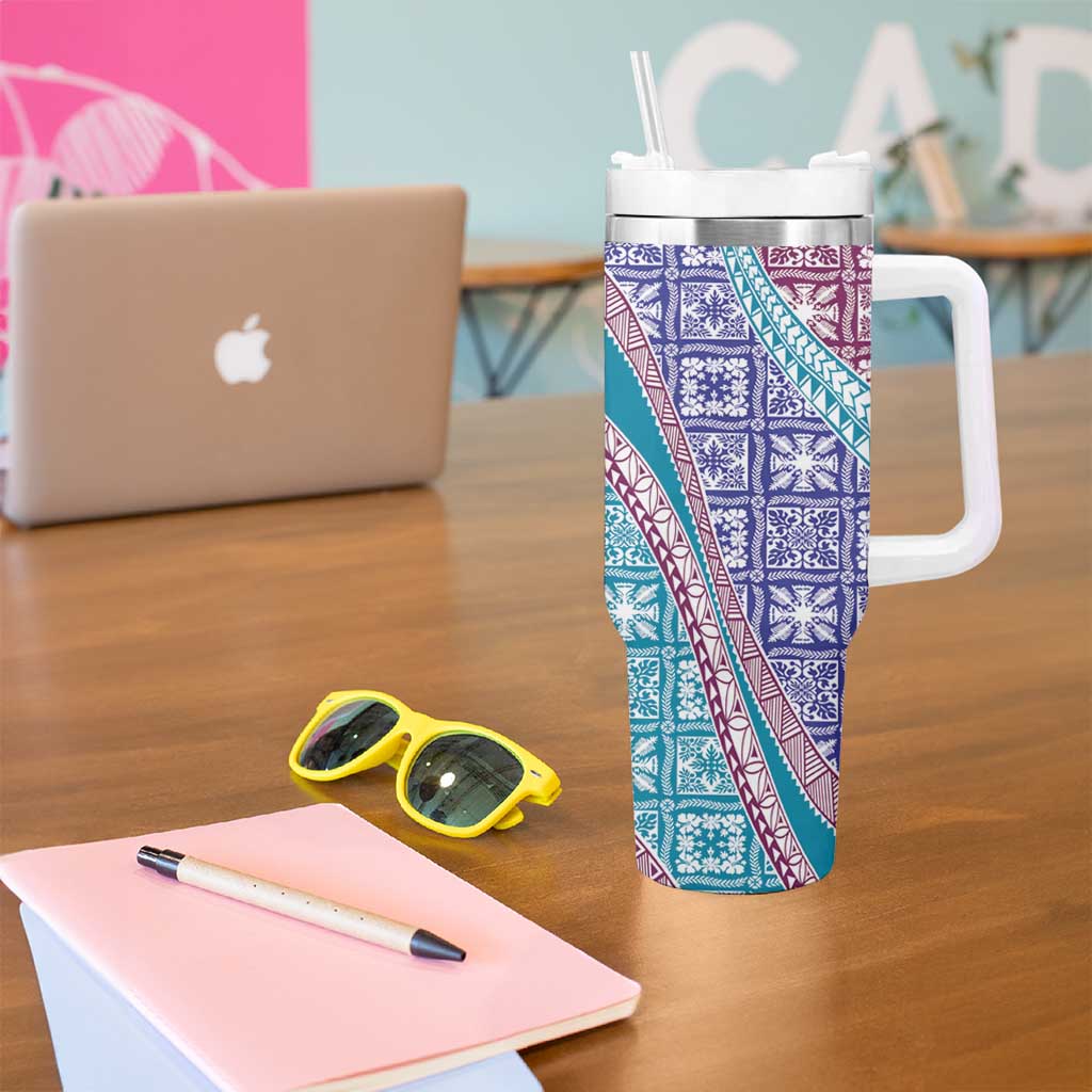 Hawaiian Quilt Pattern Tumbler With Handle Purple Blue Color Mixed - Polynesian Pride