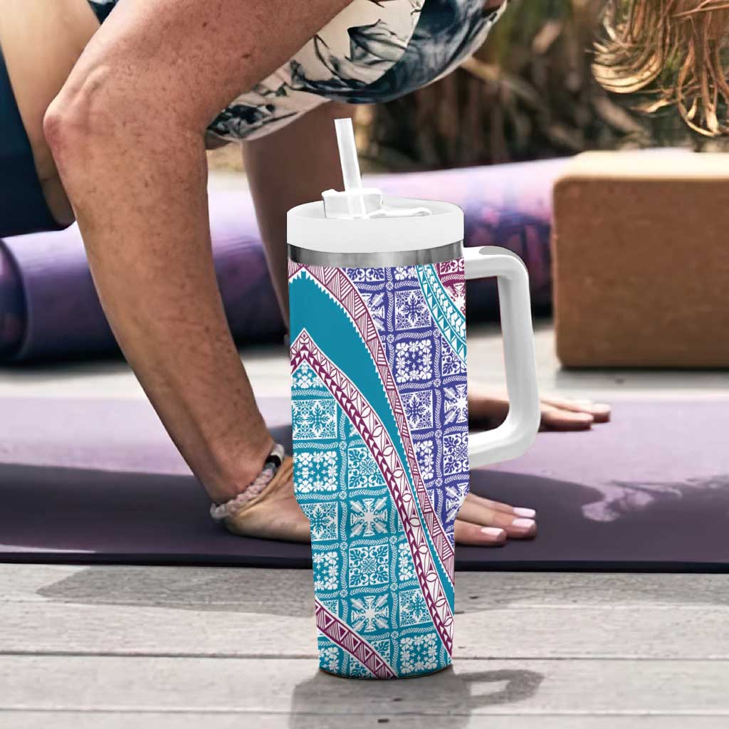 Hawaiian Quilt Pattern Tumbler With Handle Purple Blue Color Mixed - Polynesian Pride