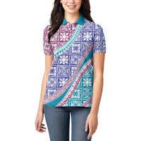 Hawaiian Quilt Pattern Women Polo Shirt Purple Blue Color Mixed - Polynesian Pride