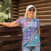 Hawaiian Quilt Pattern Women Polo Shirt Purple Blue Color Mixed - Polynesian Pride