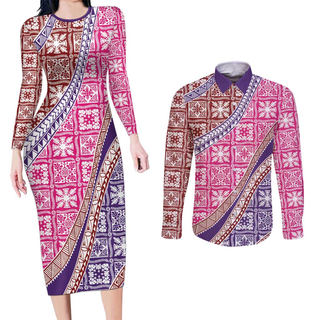 Hawaiian Quilt Pattern Couples Matching Long Sleeve Bodycon Dress and Long Sleeve Button Shirt Sweet Color Mixed LT01 Pink - Polynesian Pride