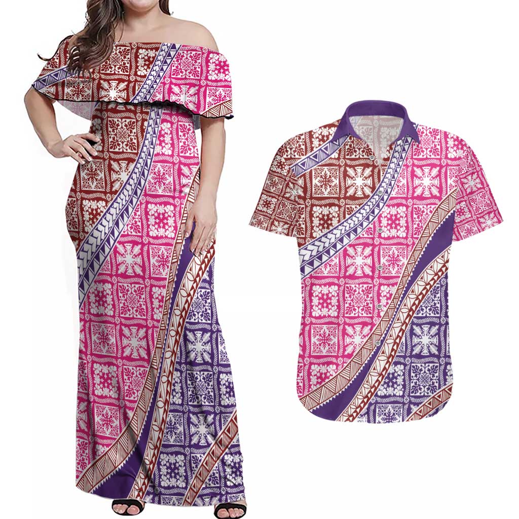 Hawaiian Quilt Pattern Couples Matching Off Shoulder Maxi Dress and Hawaiian Shirt Sweet Color Mixed LT01 Pink - Polynesian Pride