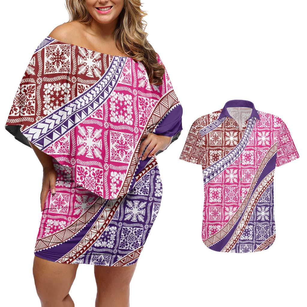 Hawaiian Quilt Pattern Couples Matching Off Shoulder Short Dress and Hawaiian Shirt Sweet Color Mixed LT01 Pink - Polynesian Pride
