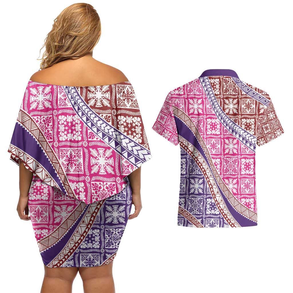 Hawaiian Quilt Pattern Couples Matching Off Shoulder Short Dress and Hawaiian Shirt Sweet Color Mixed LT01 - Polynesian Pride
