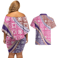 Hawaiian Quilt Pattern Couples Matching Off Shoulder Short Dress and Hawaiian Shirt Sweet Color Mixed LT01 - Polynesian Pride