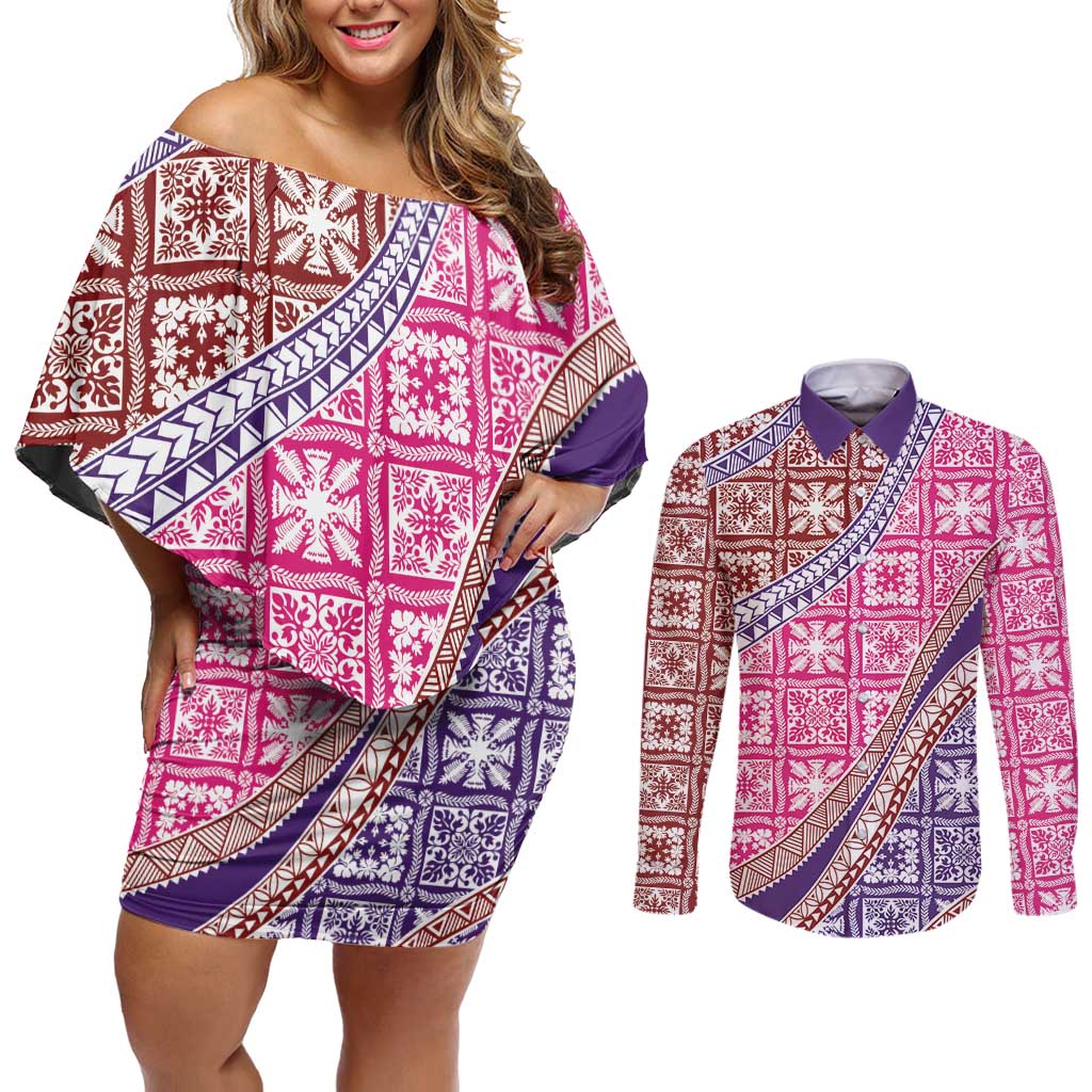 Hawaiian Quilt Pattern Couples Matching Off Shoulder Short Dress and Long Sleeve Button Shirt Sweet Color Mixed LT01 Pink - Polynesian Pride