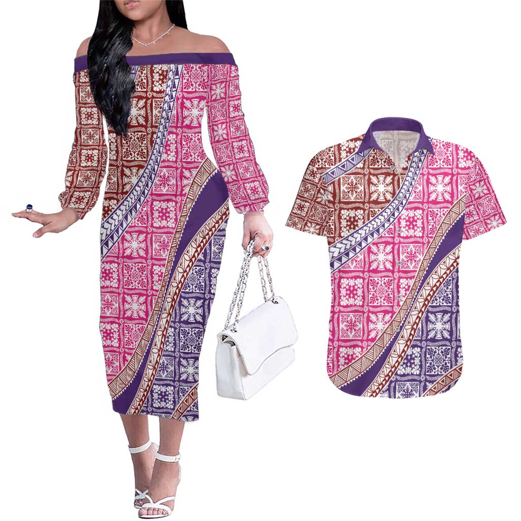 Hawaiian Quilt Pattern Couples Matching Off The Shoulder Long Sleeve Dress and Hawaiian Shirt Sweet Color Mixed LT01 Pink - Polynesian Pride