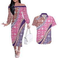 Hawaiian Quilt Pattern Couples Matching Off The Shoulder Long Sleeve Dress and Hawaiian Shirt Sweet Color Mixed LT01 Pink - Polynesian Pride