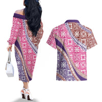 Hawaiian Quilt Pattern Couples Matching Off The Shoulder Long Sleeve Dress and Hawaiian Shirt Sweet Color Mixed LT01 - Polynesian Pride