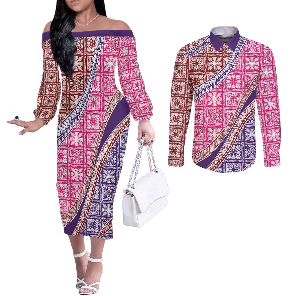 Hawaiian Quilt Pattern Couples Matching Off The Shoulder Long Sleeve Dress and Long Sleeve Button Shirt Sweet Color Mixed LT01 Pink - Polynesian Pride
