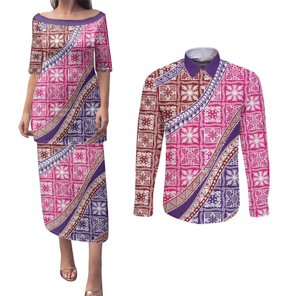 Hawaiian Quilt Pattern Couples Matching Puletasi and Long Sleeve Button Shirt Sweet Color Mixed LT01 Pink - Polynesian Pride