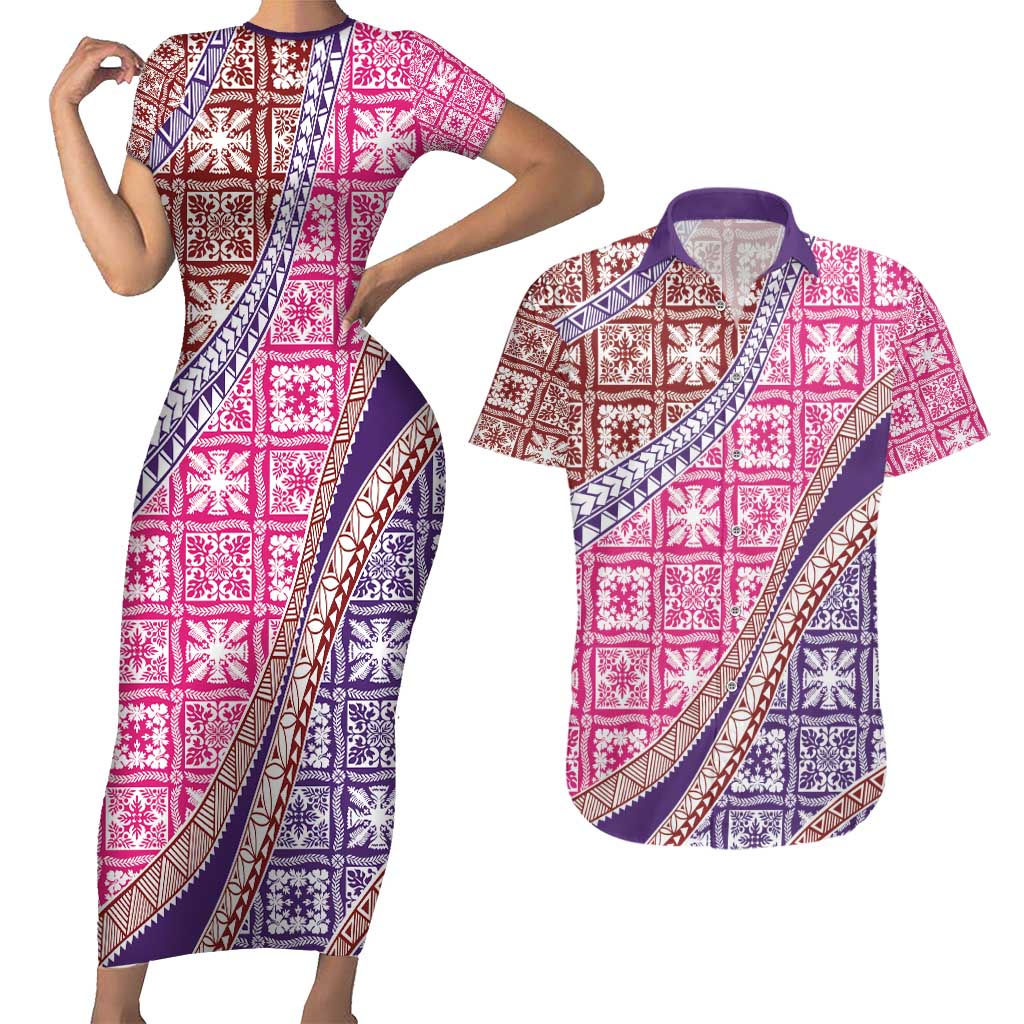 Hawaiian Quilt Pattern Couples Matching Short Sleeve Bodycon Dress and Hawaiian Shirt Sweet Color Mixed LT01 Pink - Polynesian Pride