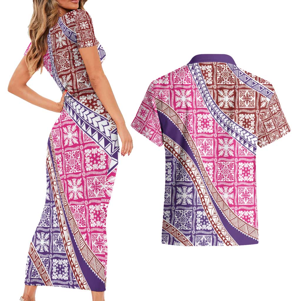 Hawaiian Quilt Pattern Couples Matching Short Sleeve Bodycon Dress and Hawaiian Shirt Sweet Color Mixed LT01 - Polynesian Pride