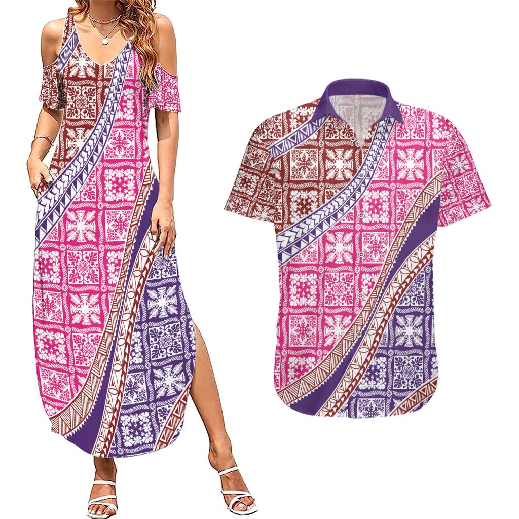 Hawaiian Quilt Pattern Couples Matching Summer Maxi Dress and Hawaiian Shirt Sweet Color Mixed LT01 Pink - Polynesian Pride