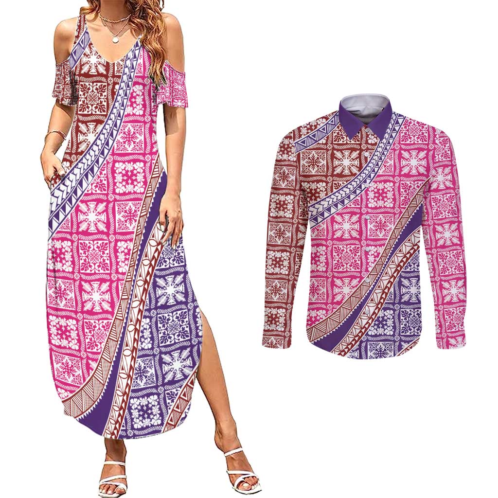 Hawaiian Quilt Pattern Couples Matching Summer Maxi Dress and Long Sleeve Button Shirt Sweet Color Mixed LT01 Pink - Polynesian Pride