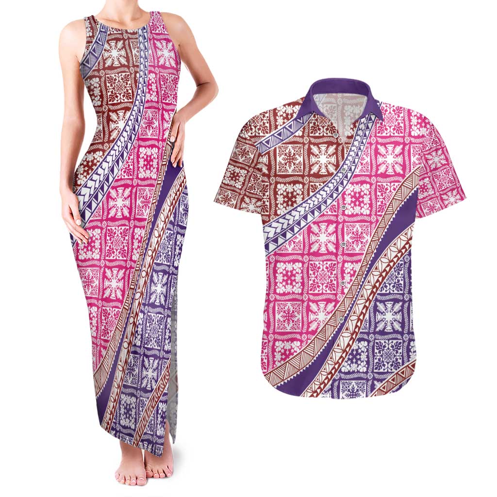 Hawaiian Quilt Pattern Couples Matching Tank Maxi Dress and Hawaiian Shirt Sweet Color Mixed LT01 Pink - Polynesian Pride